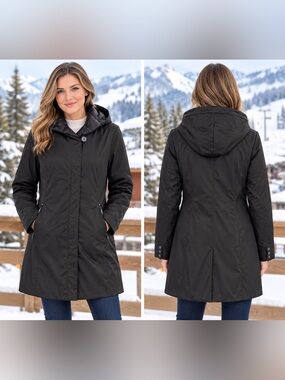 TAHARI Lightweight Black Hooded Winter Coat Mid-Length Trench Jacket Sz M Modern